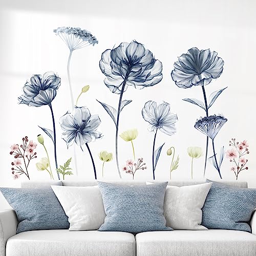 wondever Wandtattoo Blumen Groß Blau Wandaufkleber Aquarell Mohnblumen Blüten Pflanzen Wandsticker Wanddeko für Schlafzimmer Wohnzimmer Sofa TV Hintergrund von wondever