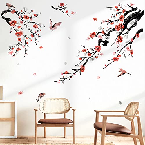 wondever Wandtattoo Blumen Vögel auf Baum Ast Wandaufkleber Blüten Blumen Rot Wandsticker Wanddeko für Wohnzimmer Schlafzimmer von wondever