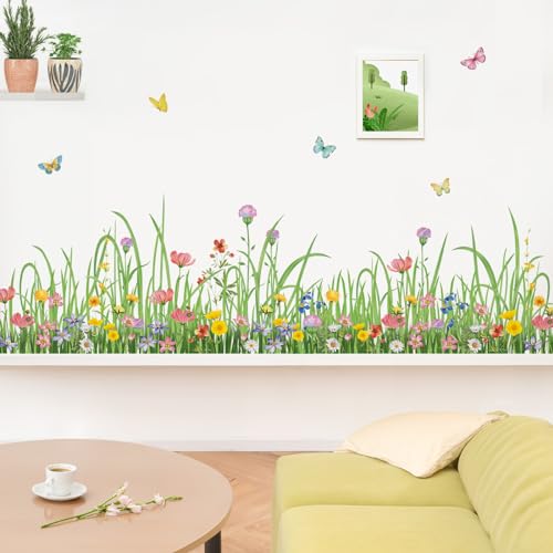 wondever Wandtattoo Grüne Gras Blumen Wandaufkleber Blumenwiese Wildblumen Schmetterlinge Bordüre Wandsticker Wanddeko für Wohnzimmer Schlafzimmer von wondever