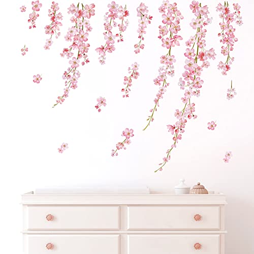 wondever Wandtattoo Hängende Kirschblüte Wandaufkleber Rosa Blumen Kirschblüte Baum Wandsticker Wanddeko für Wohnzimmer Schlafzimmer Fenster von wondever
