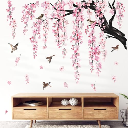 wondever Wandtattoo Kirschblüte Rosa Baum Ast Groß Wandaufkleber Hängende Blumen Blüten Vögel Wandsticker Wanddeko für Wohnzimmer Schlafzimmer Sofa Hintergrund von wondever