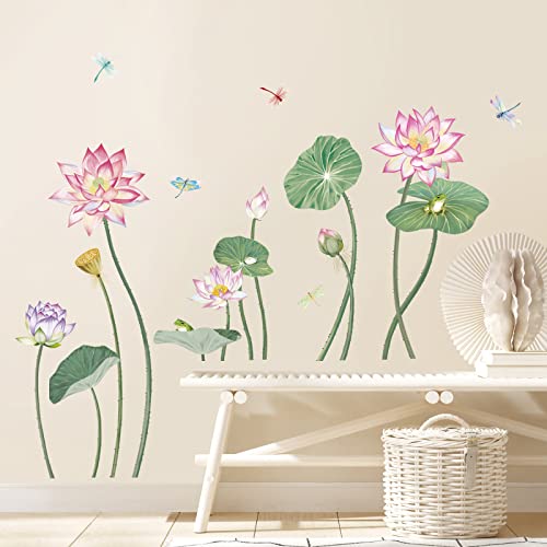 wondever Wandtattoo Lotus Rosa Wandaufkleber Blumen Libelle Wandsticker Wanddeko für Wohnzimmer Schlafzimmer TV Hintergrund von wondever