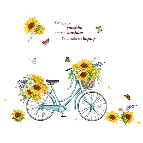 wondever Wandtattoo Sonnenblume Wandaufkleber Blumen Fahrrad Schmetterling Wandsticker Wanddeko für Schlafzimmer Wohnzimmer Sofa Hintergrund von wondever