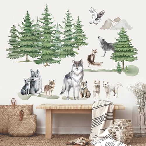 wondever Wandtattoo Wald Bäume Tiere Wolf Wandaufkleber Baum Kiefer Wolf Familie Wandsticker Wanddeko für Wohnzimmer Schlafzimmer Sofa Hintergrundwand von wondever