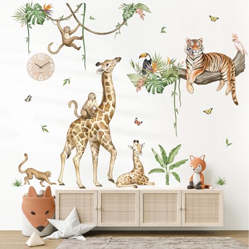 wondever Wandtattoo Dschungel Tiere Baum Zweig Wandaufkleber Safari Giraffe Tiger Affe Wandsticker Wanddeko für Kinderzimmer Jungen Babyzimmer von wondever