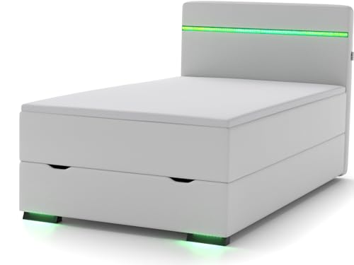 Ontario Boxspringbett 120x200 mit Bettkasten, LED Beleuchtung und 2X USB Anschluss - gemütliches Bett mit einzigartiger Optik - Stauraumbett 120 x 200 cm beleuchtet weiß mit Matratze und Topper von wonello