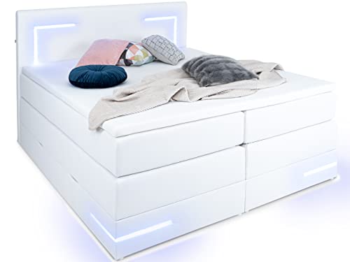 wonello Boxspringbett 160x200 mit Bettkasten und LED Beleuchtung - gemütliches Bett mit LED Beleuchtung - Stauraumbett 160 x 200 cm Weiss mit Matratze und Topper von wonello