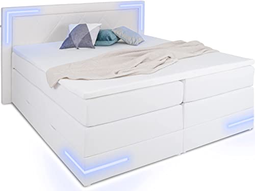 wonello Boxspringbett 180x200 mit Bettkasten und LED-Beleuchtung - gemütliches Bett mit LED Beleuchtung - Stauraumbett 180 x 200 cm mit Matratze und Topper - weiß Kunstleder von wonello