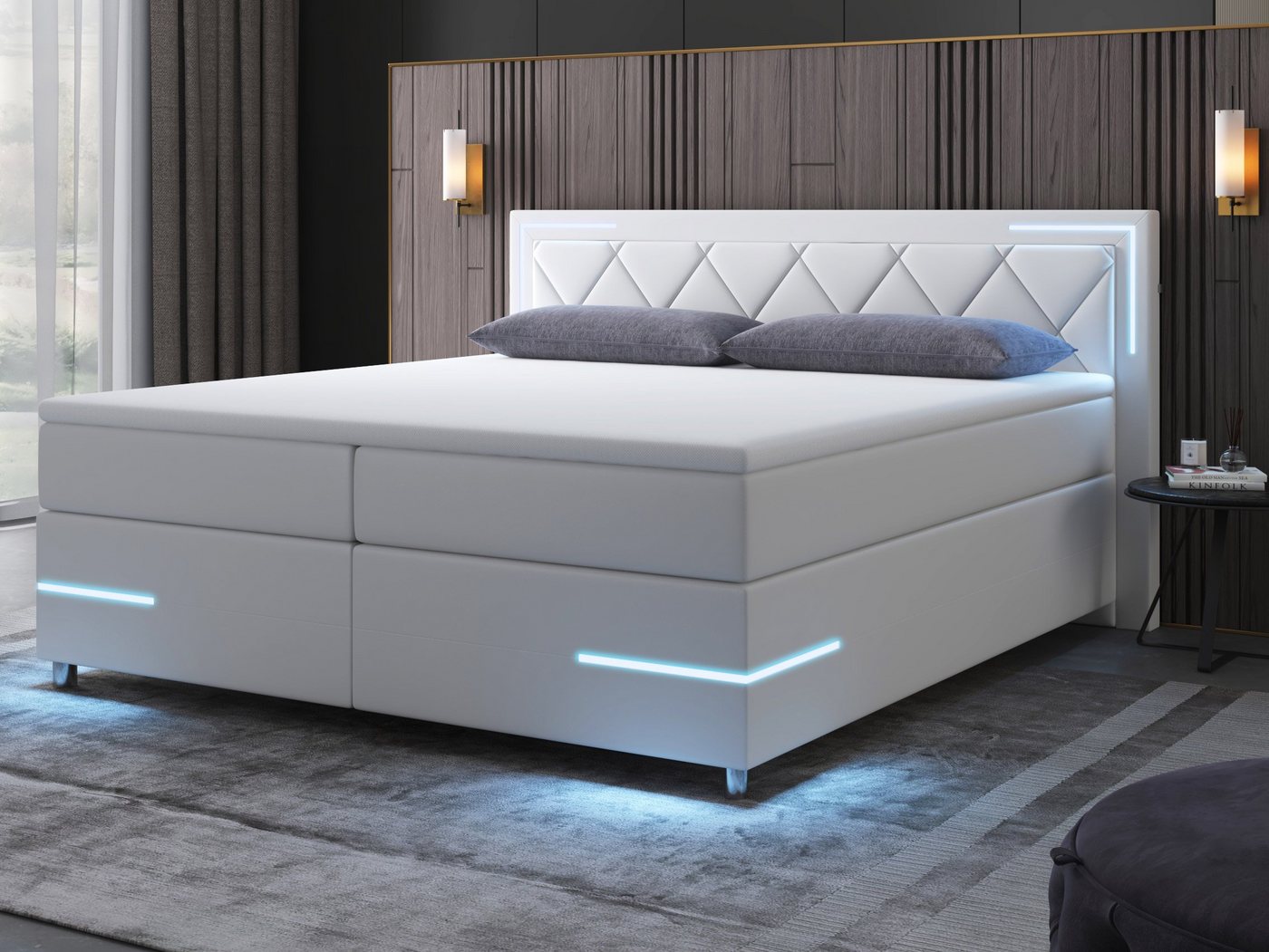 wonello Boxspringbett Arizona, mit LED Beleuchtung und Topper, wahlweise mit Bettkasten von wonello