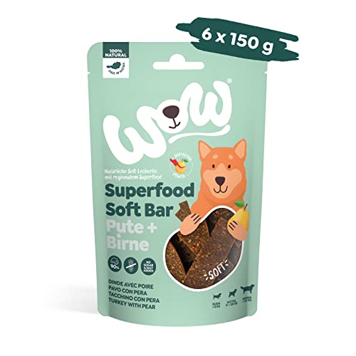 WOW Soft-Snacks I Bars Pute I Putenfleisch mit Birne für Hunde I 100% Natur I Nahrungsergänzung I Belohnung beim Spiel & Training (6X 150g) von wow