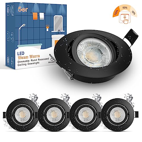 wowatt 5er LED Einbaustrahler 230V Schwarz 3 Stufen Dimmbar 7W IP44 Bad Einbauleuchten Flach Deckenspots 700LM Warmweiß 2800K Ersetzt 70W Halogen Spots Schwenkbar Rund 68mm Einbauspots für Badezimmer wowatt 5er LED Einbaustrahler 230V Schwarz 3 Stufen Dimmbar 7W IP44 Bad Einbauleuchten Flach Deckenspots 700LM Warmweiß 2800K Ersetzt 70W Halogen Spots Schwenkbar Rund 68mm Einbauspots für Badezimmer von wowatt