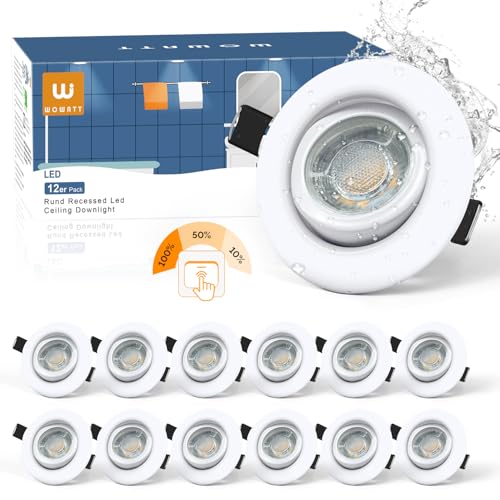 wowatt 12er LED Einbaustrahler 230V 3 Stufe Dimmbar, LED Spots 68mm Lochmaß, 5.5W 600LM Einbauleuchten Schwenkbar 2800K Warmweiß, IP44 Spots Deckenleuchte Ultra Flach für Badezimmer Küche, Weiß Rund wowatt 12er LED Einbaustrahler 230V 3 Stufe Dimmbar, LED Spots 68mm Lochmaß, 5.5W 600LM Einbauleuchten Schwenkbar 2800K Warmweiß, IP44 Spots Deckenleuchte Ultra Flach für Badezimmer Küche, Weiß Rund von wowatt