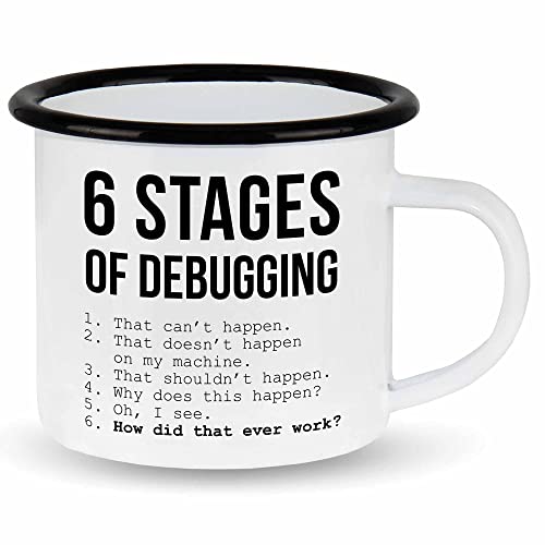 wowshirt Emallie Tasse 6 Stages Of Debugging Programmierer Informatiker Software Entwickler Coder, Farbe:White - Black von wowshirt