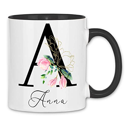 wowshirt Tasse Personalisiert mit Blumen Motiv Anfangs-Buchstaben mit Namen Geburtstag Wunschname Mit Eigenem Text, Farbe:White - Black von wowshirt