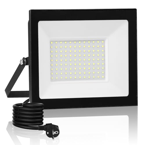 wowspeed 100W Led Strahler Außen mit Stecke 10000LM Scheinwerfer Aussen IP65 Fluter 6500K Kaltweiß Aussenstrahler Flutlichtstrahler mit 300cm Cable fur Hinterhof Auffahrt Garage von wowspeed