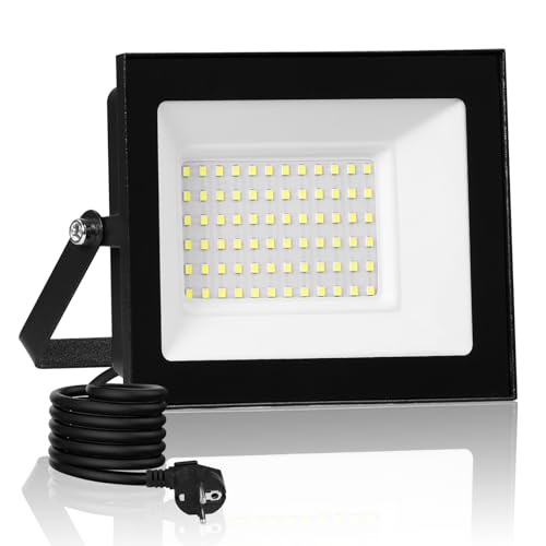 wowspeed 50W Led Strahler Außen mit Stecke 5000LM Scheinwerfer Aussen IP65 Fluter 6500K Kaltweiß Aussenstrahler Flutlichtstrahler mit 300cm Cable fur Hinterhof Auffahrt Garage von wowspeed