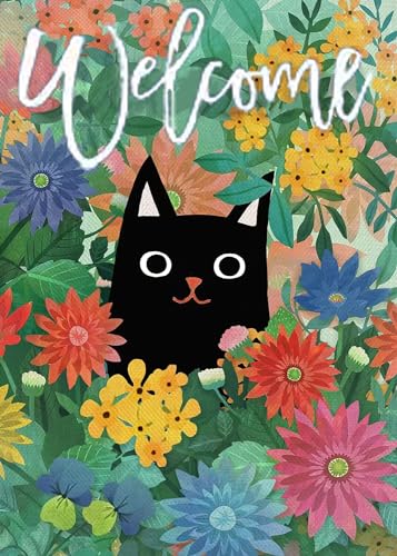 Schwarze Katze, Willkommens-Sommer-Gartenflagge, doppelseitig, 30,5 x 45,7 cm, für Zuhause, Outdoor, Hof, Blumen, Sonnenblumen-Flagge, Dekoration von xuzhiyuan