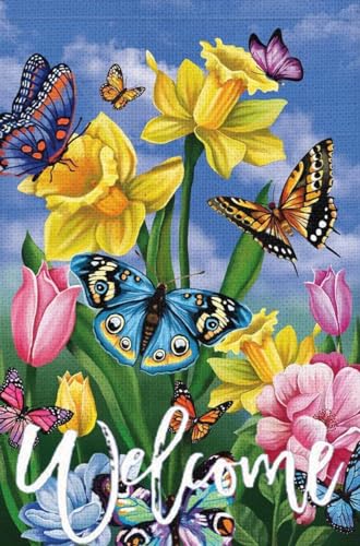 Willkommens-Sommer-Gartenflagge, doppelseitig, 30,5 x 45,7 cm, Gänseblümchen-Farbe, Schmetterlinge, Blumen, Zuhause, Outdoor, Hofflagge, Dekoration von xuzhiyuan