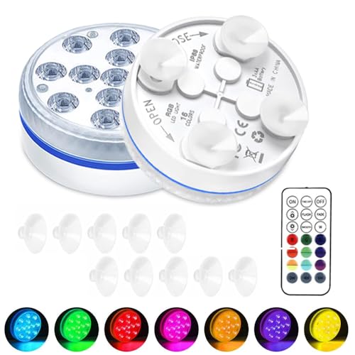 yotutun Unterwasser LED Licht, 2 Stück 16 RGB Farbwechsel Poolbeleuchtung Unterwasser Licht mit RF Fernbedienung Saugnäpfen IP68 Wasserdichte LED Pool Lichter Dekorative Lichter für Pool Teich (2pcs) von yotutun