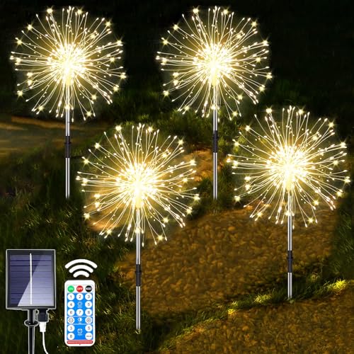 yowin Gartendeko Solarleuchten für Außen, 4 x 120 LED Solarlichter Pusteblume, 8 Modi Solarstecker Gartenbeleuchtung Wetterfest Solarlampen Feuerwerk für Garten Balkon Terrasse Blumenkästen Deko von yowin