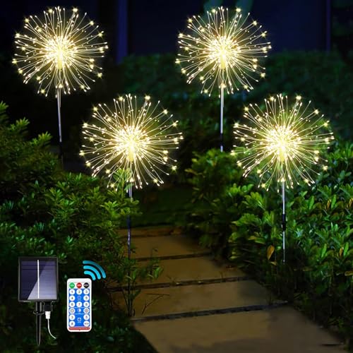 yowin Gartendeko Solarleuchten für Außen 4 x 150 LED Solarlichter Pusteblume mit fernbedienung, Solarstecker Gartenbeleuchtung 8 Modi Solarlampen Feuerwerk für Balkon Terrasse Blumenkästen Deko von yowin