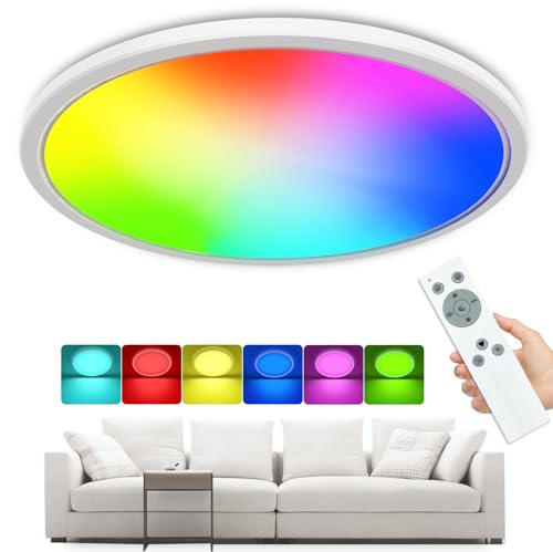 zemty LED Deckenleuchte Dimmbar, 24W 3200LM RGB Deckenlampe Farbwechsel mit Fernbedienung, 4000K Wasserfest Lampen Deckenlampen, Flach Lampe Decke für Badezimmer Schlafzimmer Kinderzimmer Bad von zemty