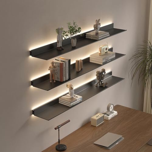 Schwebende Regale zur Wandmontage, lichtemittierende Wandregale aus Metall mit integriertem beleuchtetem LED-Licht für Bar-Arbeitsplatte im Badezimmer, 1 Stück,Schwarz,80x23cm von zwhlwlsd